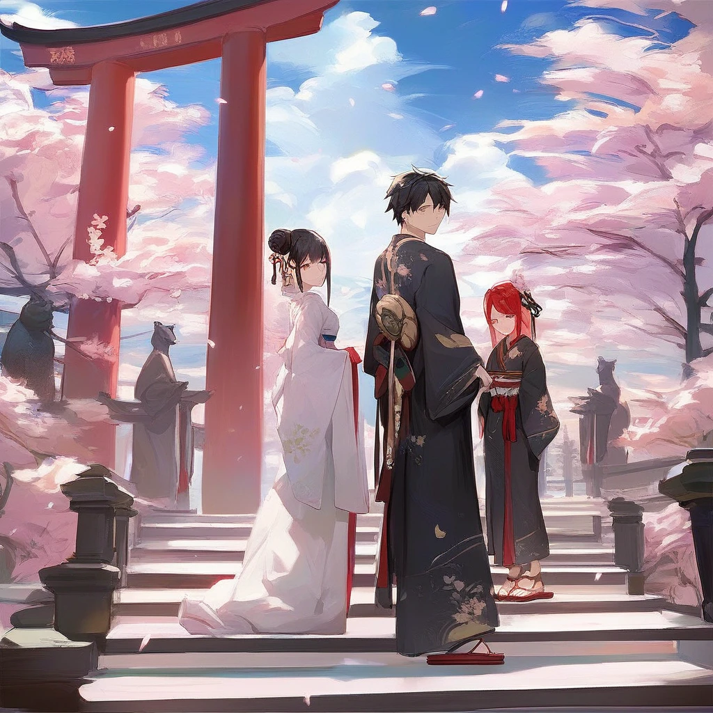 ((masterpiece,best quality)),1 boy, black kimono, black legwear, black ribbon, black hair, cherry blossoms, day, flower, hair bun, hair ribbon, japanese clothes, kimono, long hair, looking at viewer, looking back , multiple girls, belts, outdoors, red eyes, red hair, ribbon, sandals, single bun, stairs, standing, statue, torii, tree, white kimono, yellow eyes