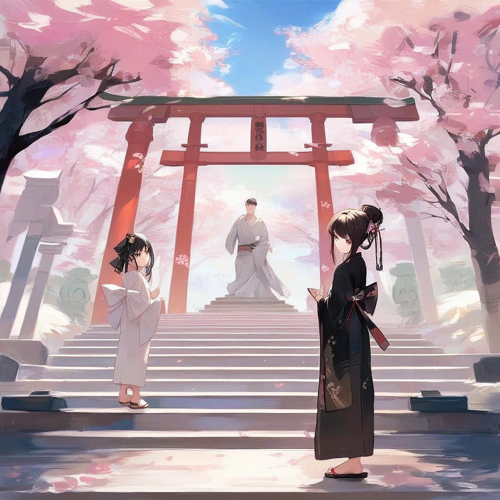 ((masterpiece,best quality)),1 boy, black kimono, black legwear, black ribbon, black hair, cherry blossoms, day, flower, hair bun, hair ribbon, japanese clothes, kimono, long hair, looking at viewer, looking back , multiple girls, belts, outdoors, red eyes, red hair, ribbon, sandals, single bun, stairs, standing, statue, torii, tree, white kimono, yellow eyes