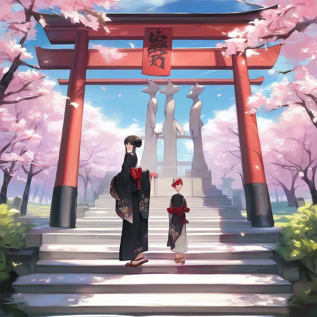 ((masterpiece,best quality)),1 boy, black kimono, black legwear, black ribbon, black hair, cherry blossoms, day, flower, hair bun, hair ribbon, japanese clothes, kimono, long hair, looking at viewer, looking back , multiple girls, belts, outdoors, red eyes, red hair, ribbon, sandals, single bun, stairs, standing, statue, torii, tree, white kimono, yellow eyes