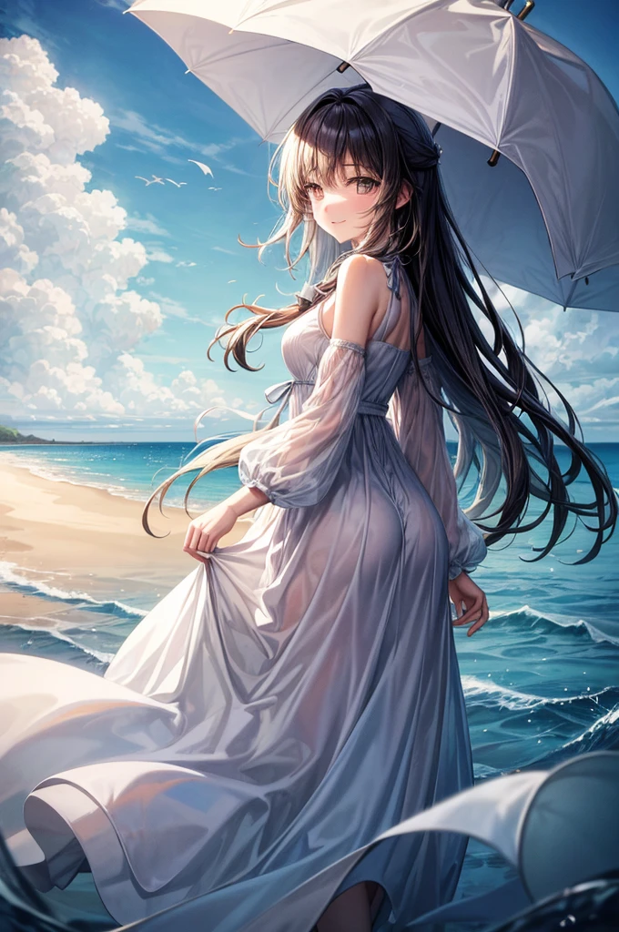 masterpiece, highres, beautiful landscape, high detailed, 1 girl, mid-ground character, beach, studio light, depth of field. The girl stands on the beach with her colorful umbrella, looks at viewer with a smile. She ưears a white beautiful dress, her hair blows in the wind. The landscape is peaceful and serene. Mildly clouds, floating clouds, light clouds, billowing clouds. The sunlight glistens on the surface of the sea. The waves of the sea gently lap against the shore, creating a serene and soothing sound.