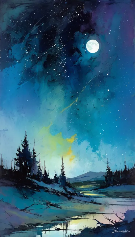 magic, fantastic, night sky, moon, stars, background, (art inspired in bill sienkiewicz). oil painting)