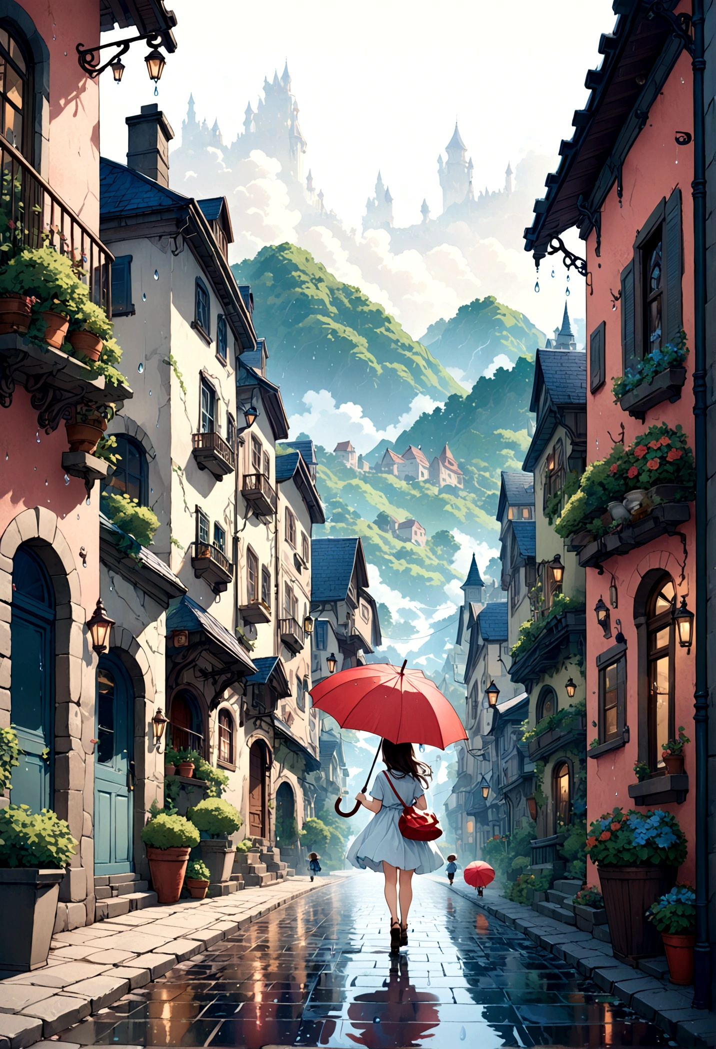 Cute illustration: Landscape,Street corner on a rainy day,A landscape that looks like an illustration from a picture book,Rich in emotion,a girl is walking,BREAK,(Girl with an umbrella),umbrella,anatomically correct,BREAK,create an artistic background,Add a drop pattern to the background,The streets are fancy, like a fairy tale,This is a cute illustration like a dream.,Please blur the lines of the droplet pattern to create an artistic expression.,Intricate details,Wide range of colors,artwork,rendering,(masterpiece:1.3),(highest quality:1.4),(Super detailed:1.5),High resolution,Very detailed,unity 8k wallpaper,structurally correct,cute