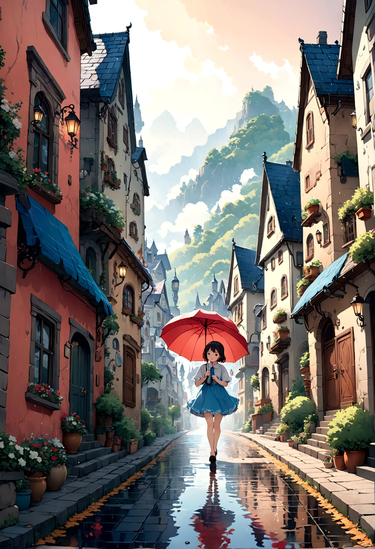 cute illustration: landscape,street corner on a rainy day,a landscape that looks like an illustration from a picture book,rich i...