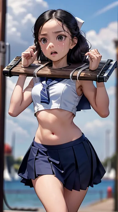 girl, ((white crop top sailor suit)), blue student skirts, open navel, open belly, (show abdomen area), (((pillory))), crying ,