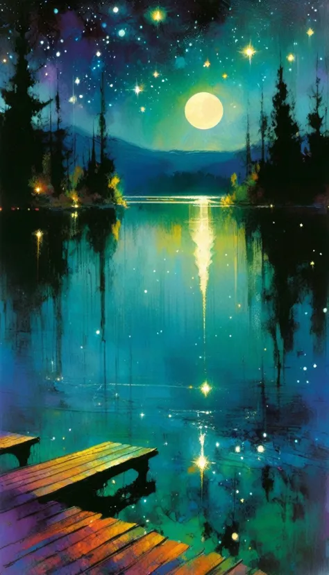beautiful lake, magic, fantastic, night sky, moon, stars, background (art inspired by Bill Sienkiewicz). oil painting)
