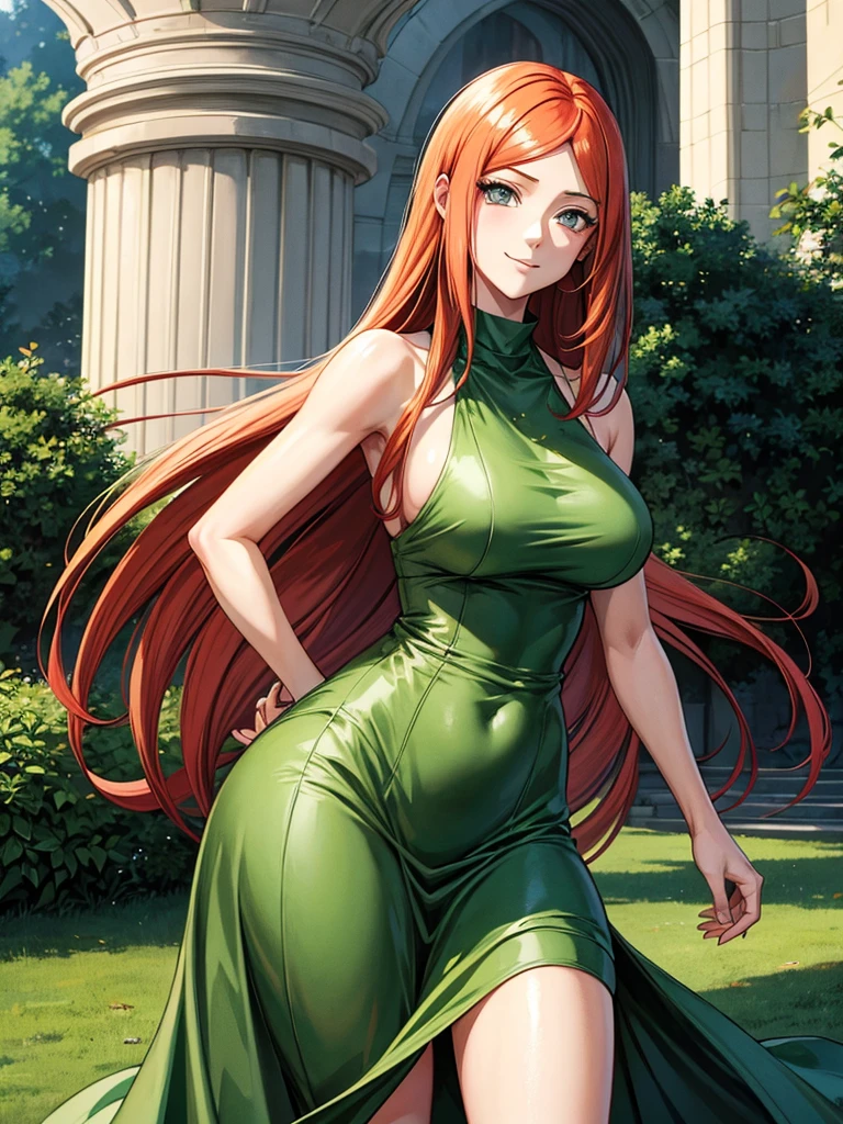 uzumaki_kushina, large_breasts, standing, solo, kushina_green_dress, masterpiece, best quality, detailed face, detailed eyes, highres, smile, (masterpiece:1.4, best quality:1.2), (Highres), (Detailed Illustration), Ultra-Detailed, konohagakure, uzumaki_kushina, kushina_green_dress, standing straight, looking in front,