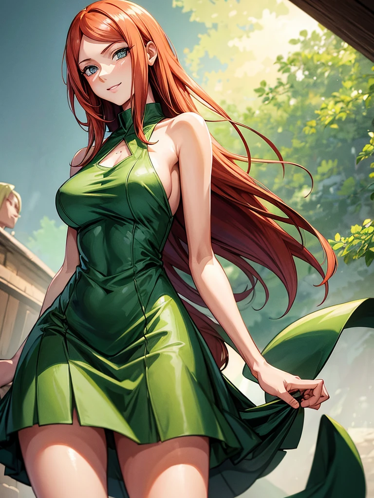 uzumaki_kushina, large_breasts, standing, solo, kushina_green_dress, masterpiece, best quality, detailed face, detailed eyes, highres, smile, (masterpiece:1.4, best quality:1.2), (Highres), (Detailed Illustration), Ultra-Detailed, konohagakure, uzumaki_kushina, kushina_green_dress, standing straight, looking in front,