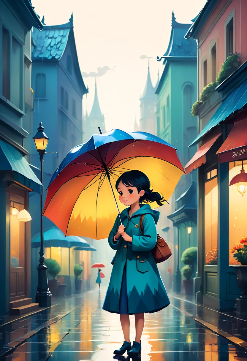 Cute illustration: Landscape,Street corner on a rainy day,A landscape that looks like an illustration from a picture book,Rich in emotion,a girl is walking,BREAK,(Girl with an umbrella),umbrella,anatomically correct,BREAK,create an artistic background,Add a drop pattern to the background,The streets are fancy, like a fairy tale,This is a cute illustration like a dream.,Please blur the lines of the droplet pattern to create an artistic expression.,Intricate details,Wide range of colors,artwork,rendering,(masterpiece:1.3),(highest quality:1.4),(Super detailed:1.5),High resolution,Very detailed,unity 8k wallpaper,structurally correct,cute