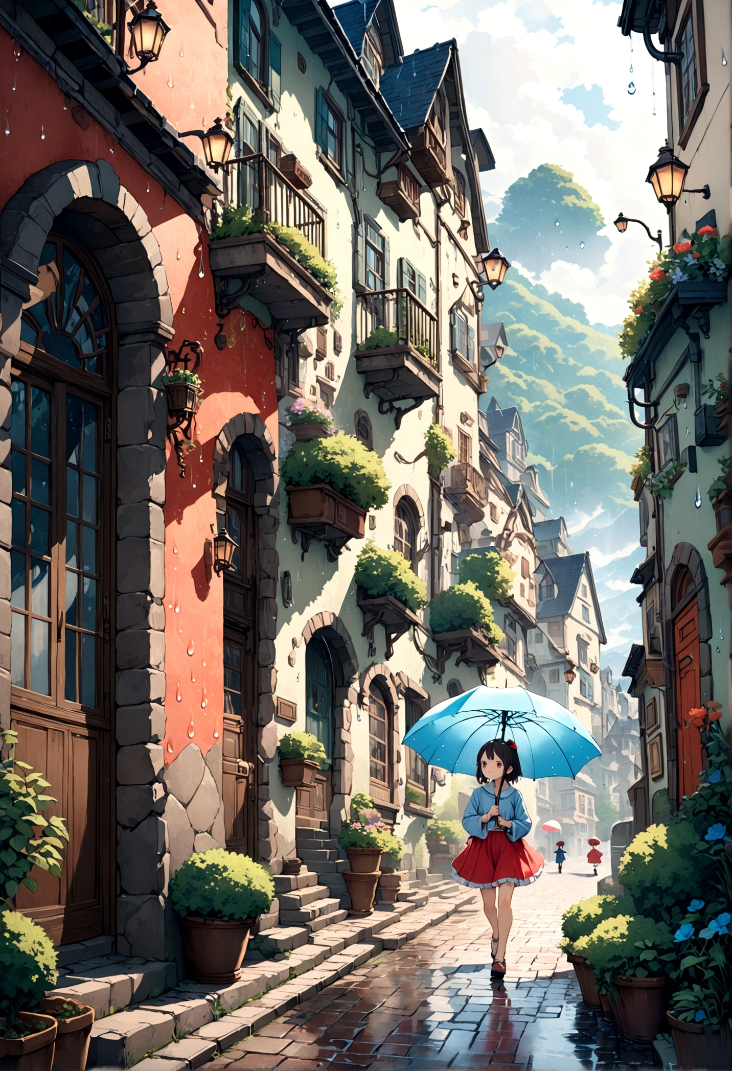 Cute illustration: Landscape,Street corner on a rainy day,A landscape that looks like an illustration from a picture book,Rich in emotion,a girl is walking,BREAK,(Girl with an umbrella),umbrella,anatomically correct,BREAK,create an artistic background,Add a drop pattern to the background,The streets are fancy, like a fairy tale,This is a cute illustration like a dream.,Please blur the lines of the droplet pattern to create an artistic expression.,Intricate details,Wide range of colors,artwork,rendering,(masterpiece:1.3),(highest quality:1.4),(Super detailed:1.5),High resolution,Very detailed,unity 8k wallpaper,structurally correct,cute