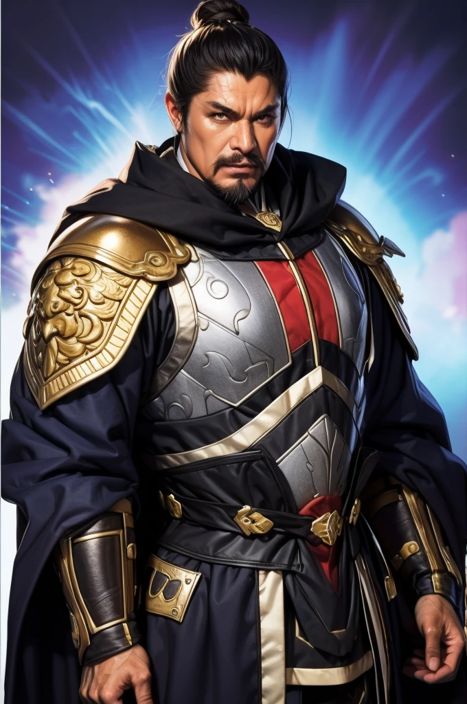8K,middle aged man,oriental armor(The elaborately crafted coat of arms of a nobleman),ultra high resolution,surreal,realistic skin,Black hair short hair,big black eyes,clear eye description, muscular body,waist armor,delicate hands, Perfect hand shape, character art, action pose,masterpiece,Realistic RAW photos of the highest quality,bright colors,rich colors, backlight, movie lights, film grain,50mm lens