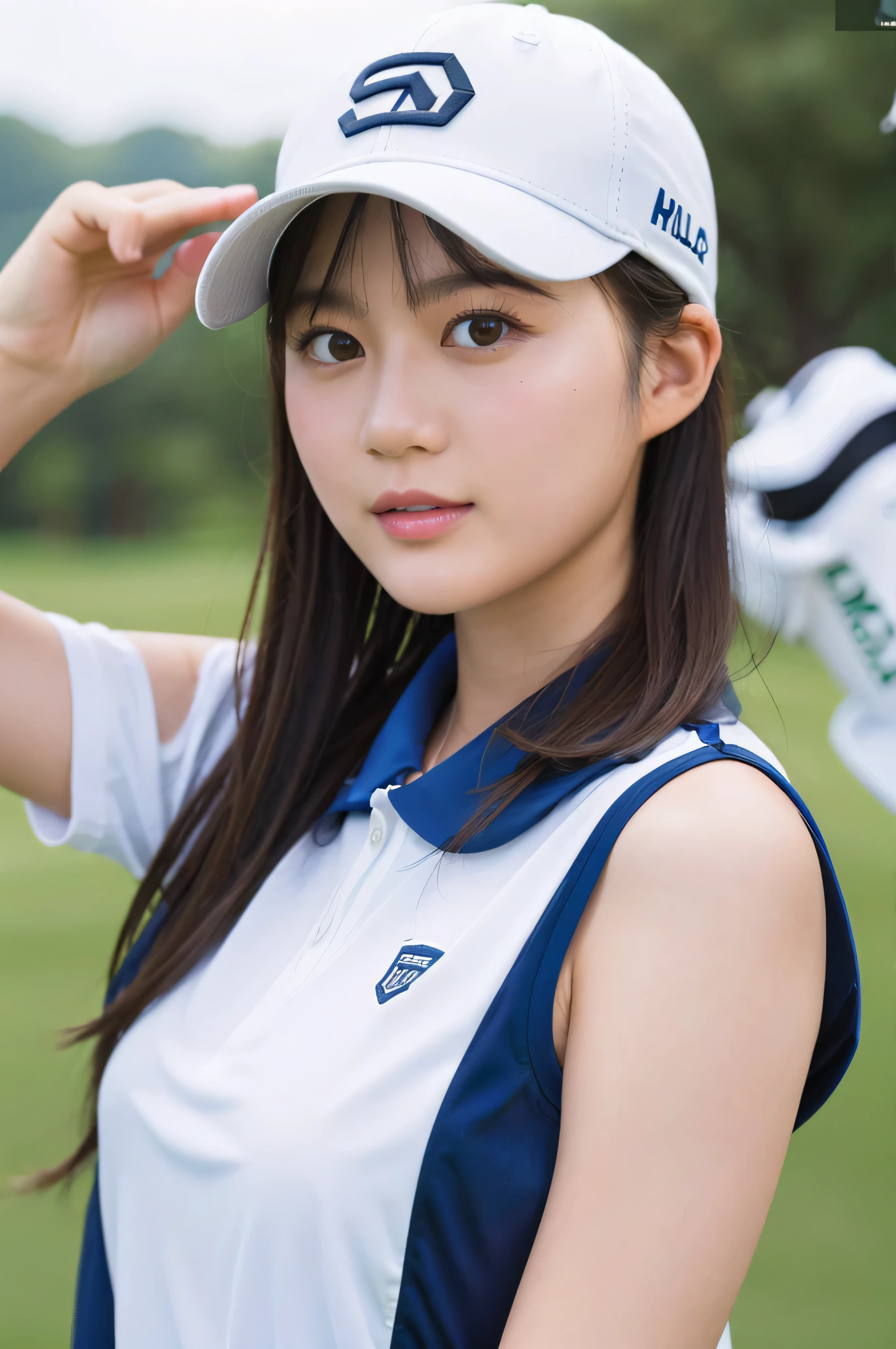 一名 18 歲女性穿著高爾夫球服、白皙的皮膚、中等胸圍、特寫、8K、可愛的、高爾夫俱樂部,