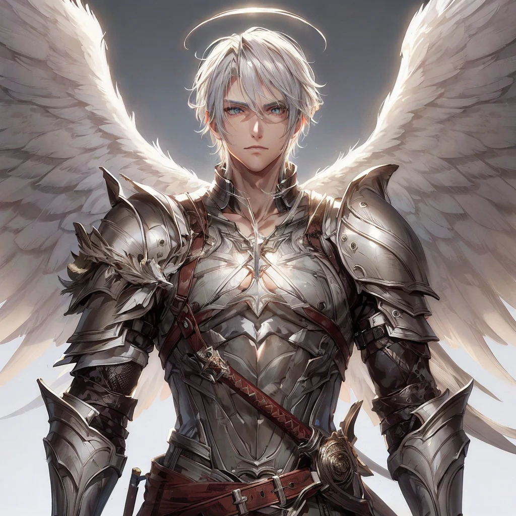 muy detallado, alta calidad, obra maestra, Hermoso,Quiero una imagen de un hombre con pelo y piel blanca., que es atractivo y tiene dos alas de ángel y una armadura medieval y una espada larga. También quiero que los ojos sean más detallados y que el cabello luzca bien.. lo quiero corto.