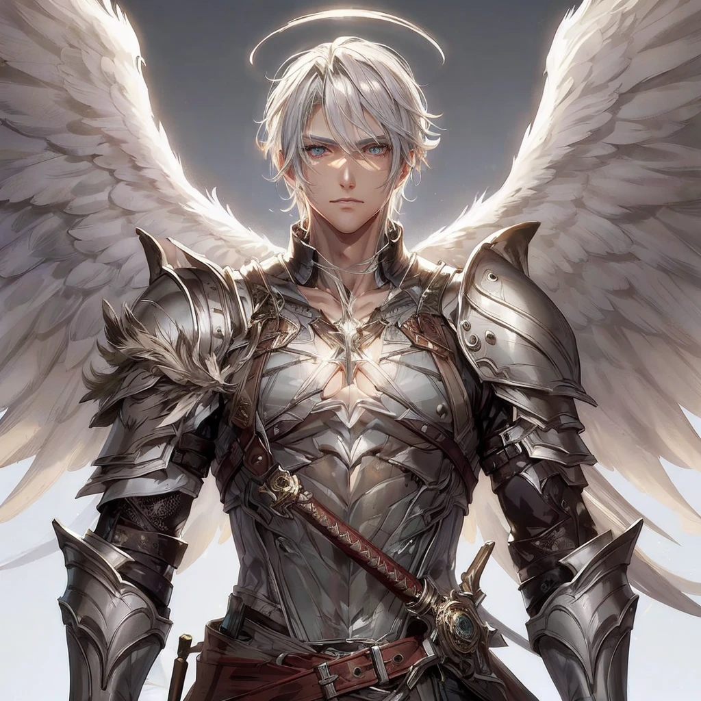 muy detallado, alta calidad, obra maestra, Hermoso,Quiero una imagen de un hombre con pelo y piel blanca., que es atractivo y tiene dos alas de ángel y una armadura medieval y una espada larga. También quiero que los ojos sean más detallados y que el cabello luzca bien.. lo quiero corto.