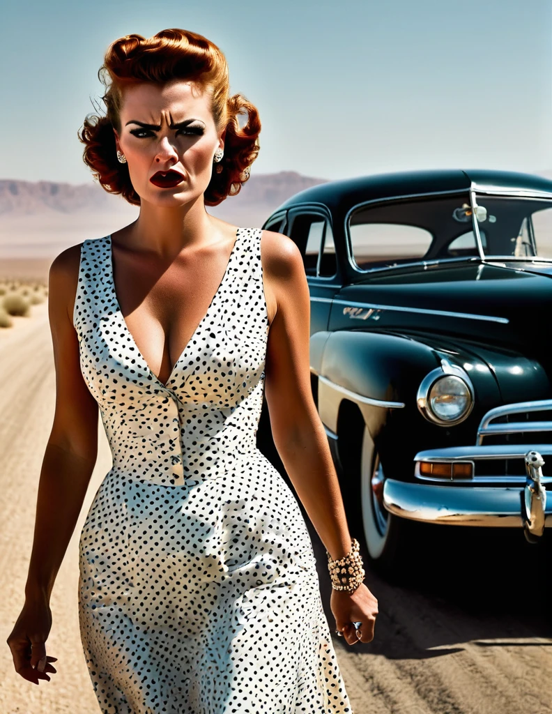 Style des années 1950, en colère [femme:Maude Adams:0.1] dans une robe à pois, la laissant en panne et de la vapeur sort de sa voiture classique Hudson Hornet, marcher vers la caméra, Poings serrés, autoroute vide dans le désert, visage parfait, mise au point ultra nette, Haute qualité, ultra haute résolution, Cinématique, chef-d&#39;œuvre, Style de photographie d&#39;Annie Leibovitz