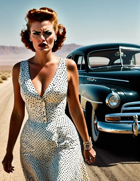 1950s style, angry [woman:Maude Adams:0.1] in a polka dot dress, leaving her broke down and steam comes out of her Hudson Hornet...