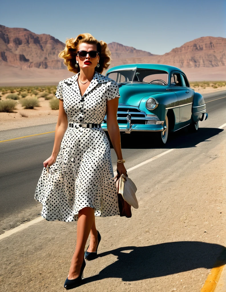 1950s style, angry [woman:Maude Adams:0.1] in a polka dot dress, leaving her broke down and steam comes out of her Hudson Hornet classic car, walking towards camera, fists clenched, empty highway in the desert, perfect face, ultra sharp focus, high quality, ultra high resolution, cinematic, masterpiece, Annie Leibovitz Photography Style