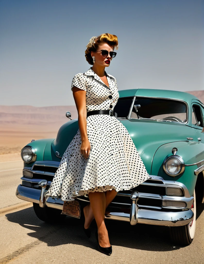 Style des années 1950, en colère [femme:Maude Adams:0.1] dans une robe à pois, la laissant en panne et de la vapeur sort de sa voiture classique Hudson Hornet, marcher vers la caméra, Poings serrés, autoroute vide dans le désert, visage parfait, mise au point ultra nette, Haute qualité, ultra haute résolution, Cinématique, chef-d&#39;œuvre, Style de photographie d&#39;Annie Leibovitz