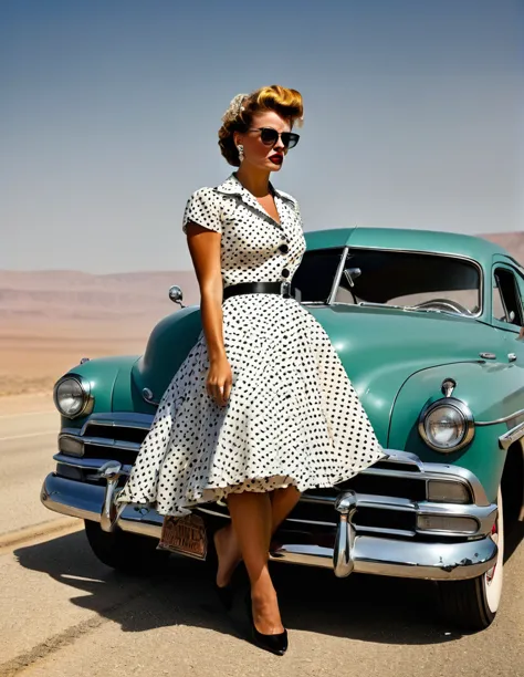 1950s style, angry [woman:Maude Adams:0.1] in a polka dot dress, leaving her broke down and steam comes out of her Hudson Hornet...