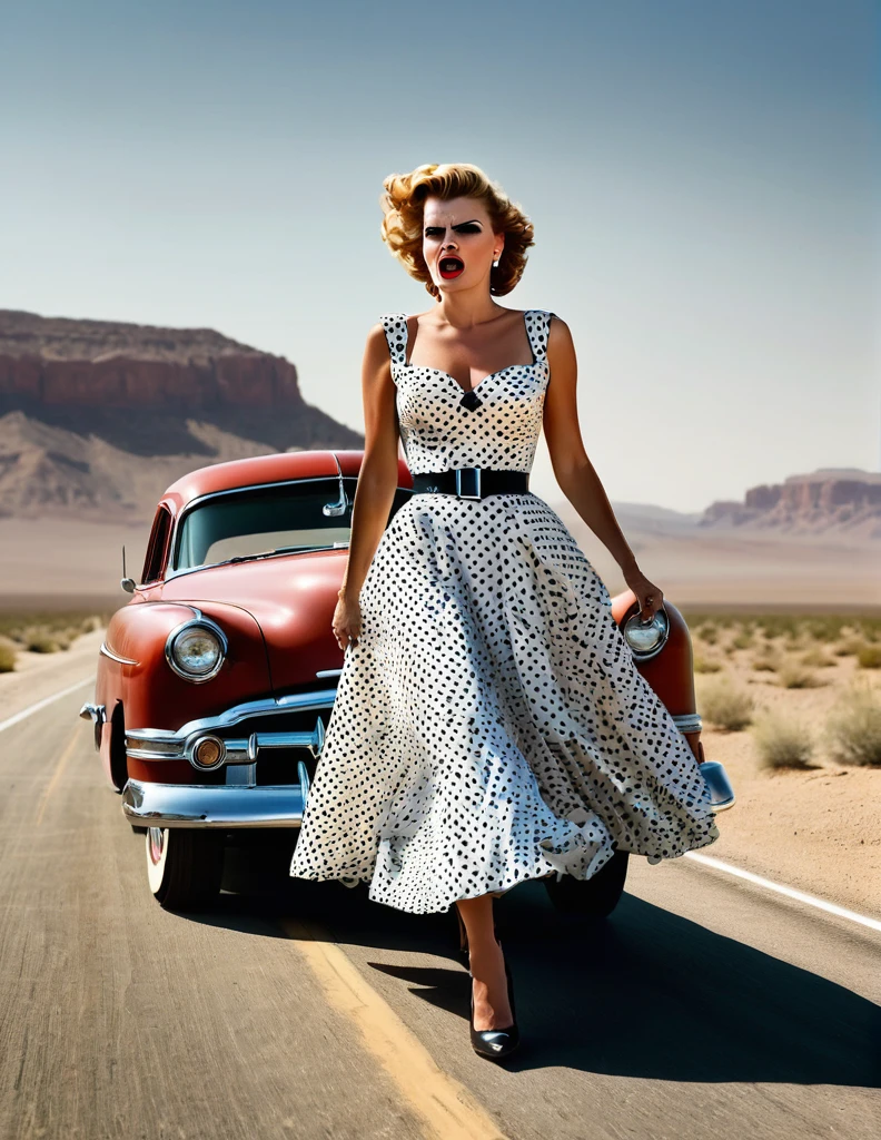 1950s style, angry [woman:Maude Adams:0.1] in a polka dot dress, leaving her broke down and steam comes out of her Hudson Hornet classic car, walking towards camera, fists clenched, empty highway in the desert, perfect face, ultra sharp focus, high quality, ultra high resolution, cinematic, masterpiece, Annie Leibovitz Photography Style