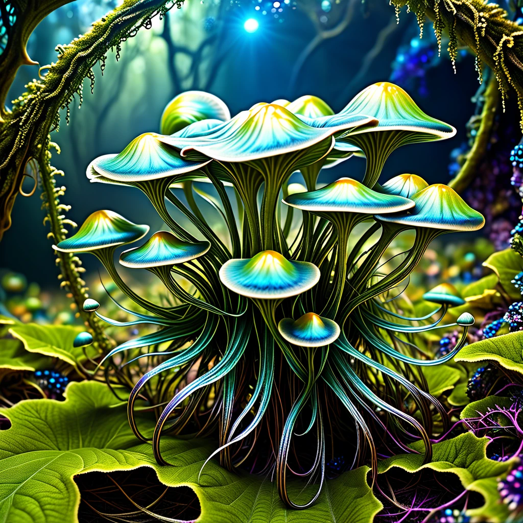 there is a very strange looking plant with a very long stem, alien flora, alien flora and fauna, colorful alien flora, fungus and plants, alien plant, simulacrum of a space fungus, fractal fungus, intricate alien botanicals, fantasy magical vegetation, alien plants, ( ( fantasy plants ) ), alien plant from alpha centauri, an alien mushroom with tentacles