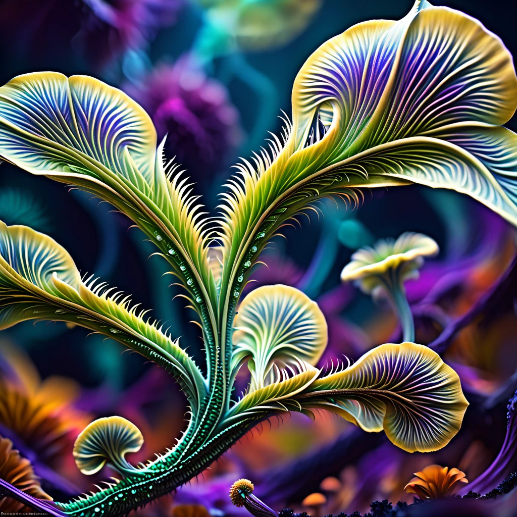 there is a very strange looking plant with a very long stem, a microscopic photo by Dietmar Damerau, zbrush central contest winner, digital art, alien flora, alien flora and fauna, colorful alien flora, fungus and plants, alien plant, simulacrum of a space fungus, fractal fungus, intricate alien botanicals, fantasy magical vegetation