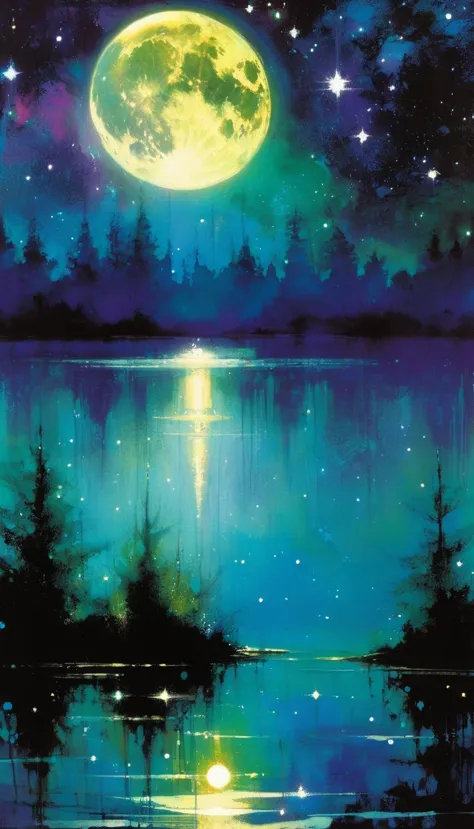 beautiful lake, magic, fantastic, night sky, moon, stars, background (art inspired by Bill Sienkiewicz). oil painting)
