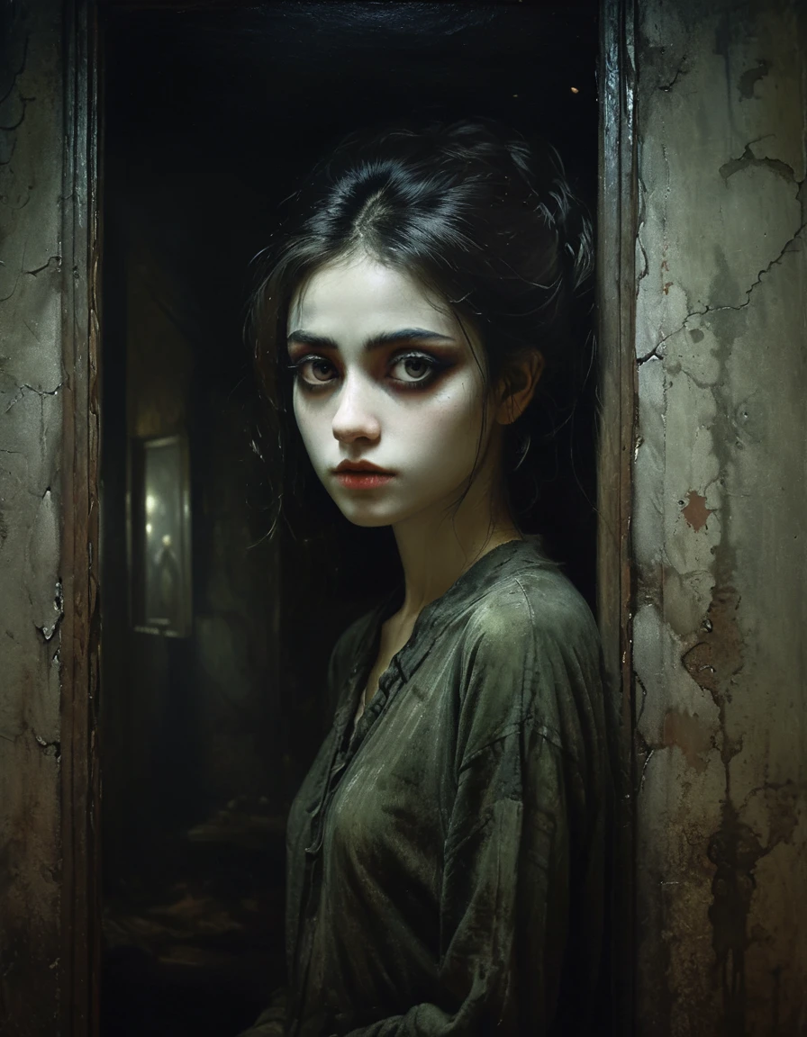 Night room, dark room, completely darkened room, tv on, dusky, grainy, eerie environment. creepypasta is a scary entity in the form of a woman with very big eyes, a very sad sad look, perfect eyes, the best quality. gritty urban street art, dark character. in the style of frank frazetta, aykut aydogdu, pino daeni, charlie bowett, albert joseph penaud, ray caesar, tetsuya ishida. zdzislaw beksinski.