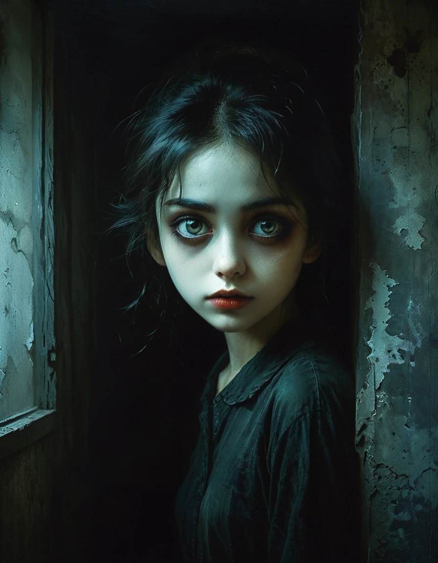 Night room, dark room, completely darkened room, tv on, dusky, grainy, eerie environment. creepypasta is a scary entity in the form of a woman with very big eyes, a very sad sad look, perfect eyes, the best quality. gritty urban street art, dark character. in the style of frank frazetta, aykut aydogdu, pino daeni, charlie bowett, albert joseph penaud, ray caesar, tetsuya ishida. zdzislaw beksinski.