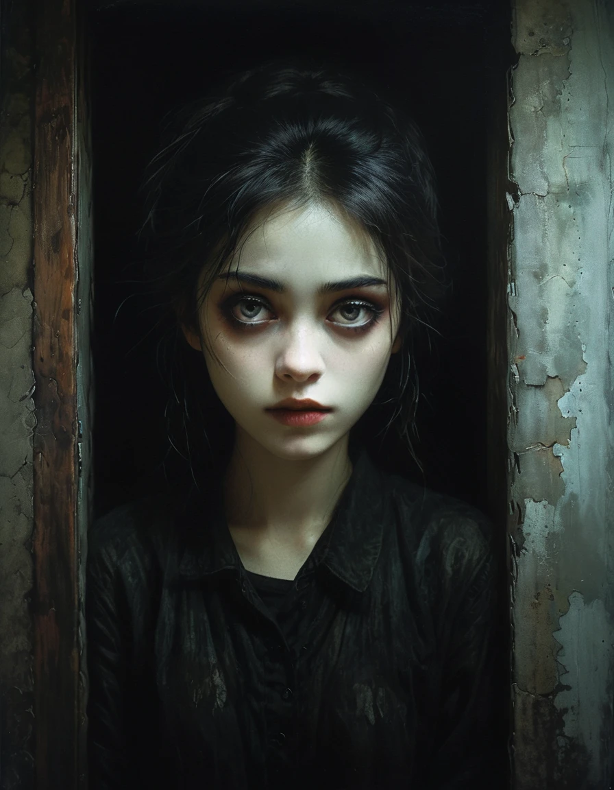 Night room, dark room, completely darkened room, tv on, dusky, grainy, eerie environment. creepypasta is a scary entity in the form of a woman with very big eyes, a very sad sad look, perfect eyes, the best quality. gritty urban street art, dark character. in the style of frank frazetta, aykut aydogdu, pino daeni, charlie bowett, albert joseph penaud, ray caesar, tetsuya ishida. zdzislaw beksinski.