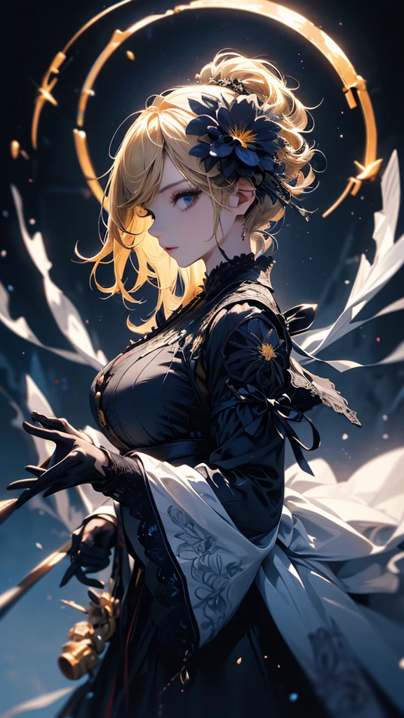 masterpiece, high quality, 4K, Beautiful design, silhouette，blonde， 非常に詳細な夜のStarry Sky,Flower Field， wonderful, Finer details,  Very knowledgeable woman, Highly detailed solo, 1 female,Big Breasts，Gothic Lolita Fashion，Night view，Starry Sky，full moon，