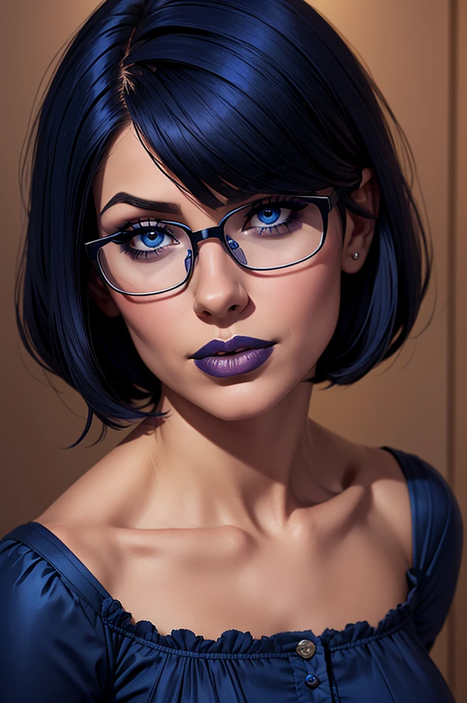 Karylith, medium breast, girl, ultramarine Blue short hair , parted bangs, glasses, latina, blue eyes, square face, caucasian, thin lips, little tanned, small nose, small mouth, hair over one eye, gothic makeup,
