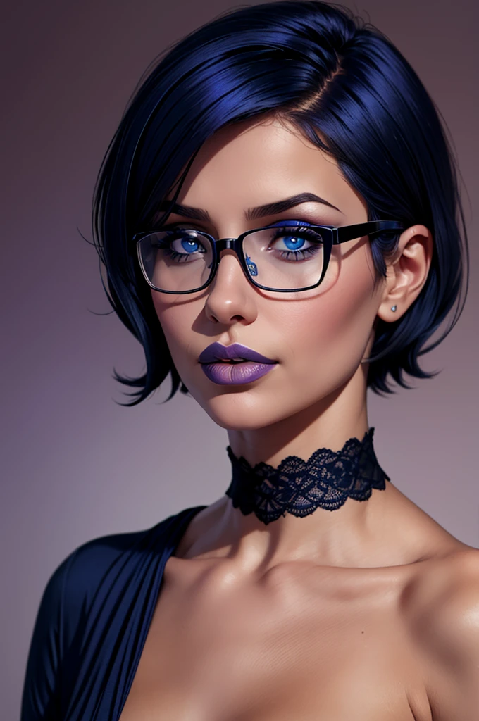 Karylith, medium breast, girl, ultramarine Blue short hair , parted bangs, glasses, latina, blue eyes, square face, caucasian, thin lips, little tanned, small nose, small mouth, hair over one eye, gothic makeup,
