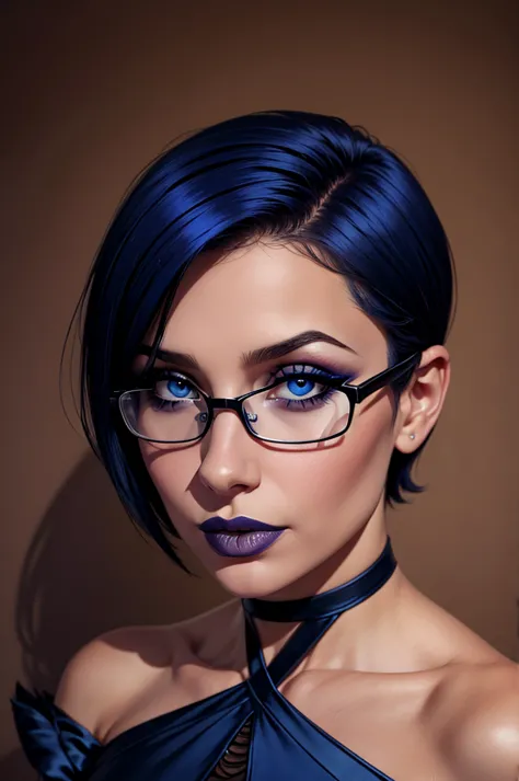 Karylith, medium breast, girl, ultramarine Blue short hair , parted bangs, glasses, latina, blue eyes, square face, caucasian, t...