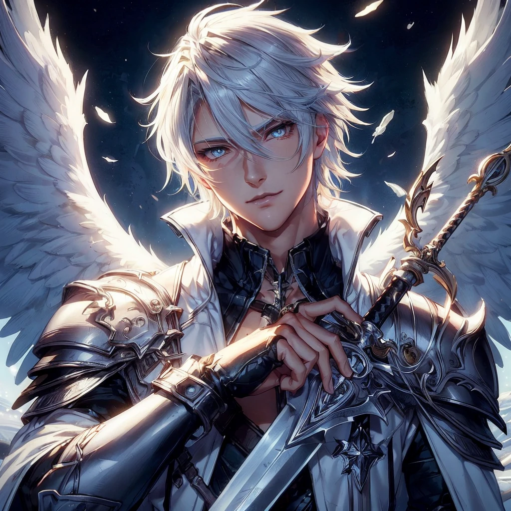 Highly detailed, High Quality, Masterpiece, beautiful,I want an image of a man with white hair and skin, who is attractive and has two angel wings and medieval armor and a long sword. I also want the eyes to be more detailed and the hair looks good. I want it short.