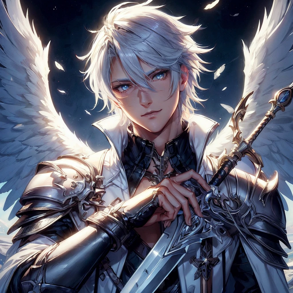 Highly detailed, High Quality, Masterpiece, beautiful,I want an image of a man with white hair and skin, who is attractive and has two angel wings and medieval armor and a long sword. I also want the eyes to be more detailed and the hair looks good. I want it short.