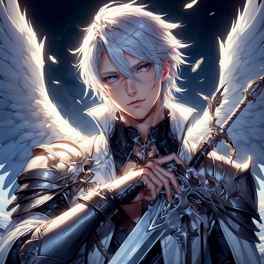 Altamente detalhado, alta qualidade, obra de arte, lindo,Eu quero uma imagem de um homem com cabelo e pele brancos, que seja atraente e tenha duas asas de anjo e armadura medieval e uma espada longa. Eu também quero que os olhos sejam mais detalhados e o cabelo pareça bom. Eu quero que seja curto.