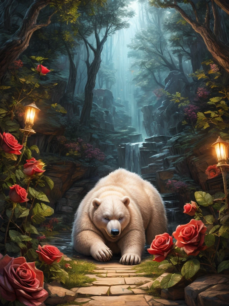 Lovely, (obesity, Overweight men, anthropology,Polar Bear), nude, Fundos, Surrealism. ((Rose, dew)), The art of math, bright, beautiful, Splash, 闪闪发Light的, Filigree, rim Lighting, Light, extremely, magic, Surreal, fantasy, The art of math, Greg Rutkowski, complex art masterpiece, sinister, Painted landscapes, Golden Ratio, complex, epic, Very detailed, vivid, 8K, Human Development Report, global Lighting with ray tracing ,beautiful castle, Mysterious enchanted forest