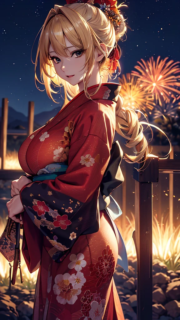 masterpiece, high quality, 4K, Beautiful design, silhouette，blonde， 非常に詳細な夜のStarry Sky,Flower Field， wonderful, Finer details,  Very knowledgeable woman, Highly detailed solo, 1 female,Big Breasts，Red color yukata，Night view，Starry Sky，Fireworks in the background，