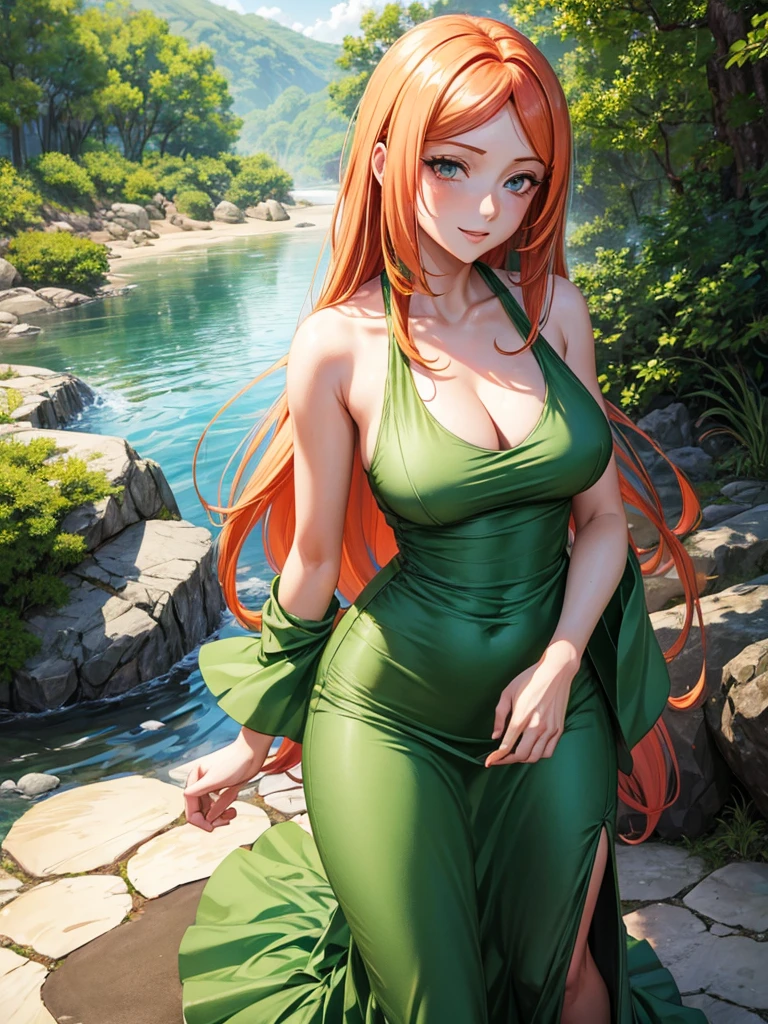 uzumaki_kushina, large_breasts, standing, solo, kushina_green_dress, masterpiece, best quality, detailed face, detailed eyes, highres, smile, (masterpiece:1.4, best quality:1.2), (Highres), (Detailed Illustration), Ultra-Detailed, konohagakure, uzumaki_kushina, kushina_green_dress, standing straight, looking in front,