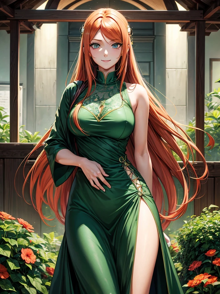 uzumaki_kushina, large_breasts, standing, solo, kushina_green_dress, masterpiece, best quality, detailed face, detailed eyes, highres, smile, (masterpiece:1.4, best quality:1.2), (Highres), (Detailed Illustration), Ultra-Detailed, konohagakure, uzumaki_kushina, kushina_green_dress, standing straight, looking in front,