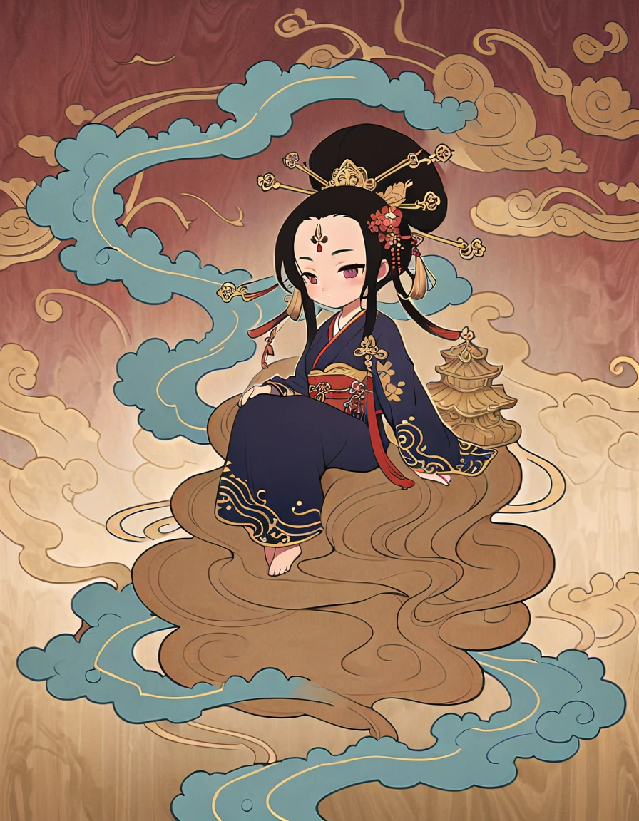 敦煌の芸術スタイルのイラスト,観音の巨大な手の上に座っている小さな僧侶,うねる波間に抱かれて,非常に繊細な筆遣い, 柔らかく滑らか,中国の赤と藍,背景には金箔で描かれた縁起の良い雲模様が描かれている ，ネギ 
