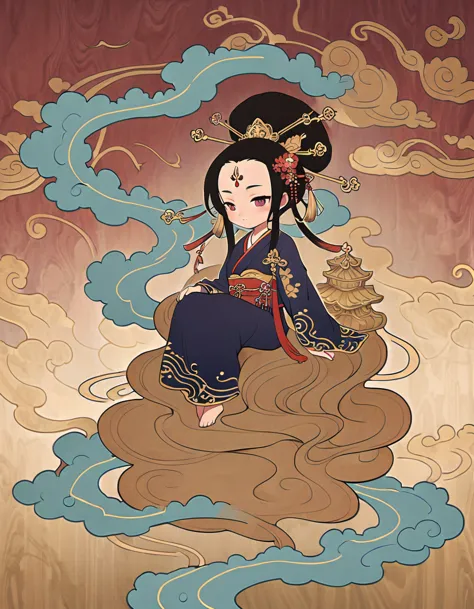 Dunhuang art style illustration,Tiny little monk sitting on the giant hand of Guanyin,Nestled in the rolling ripples,extremely d...