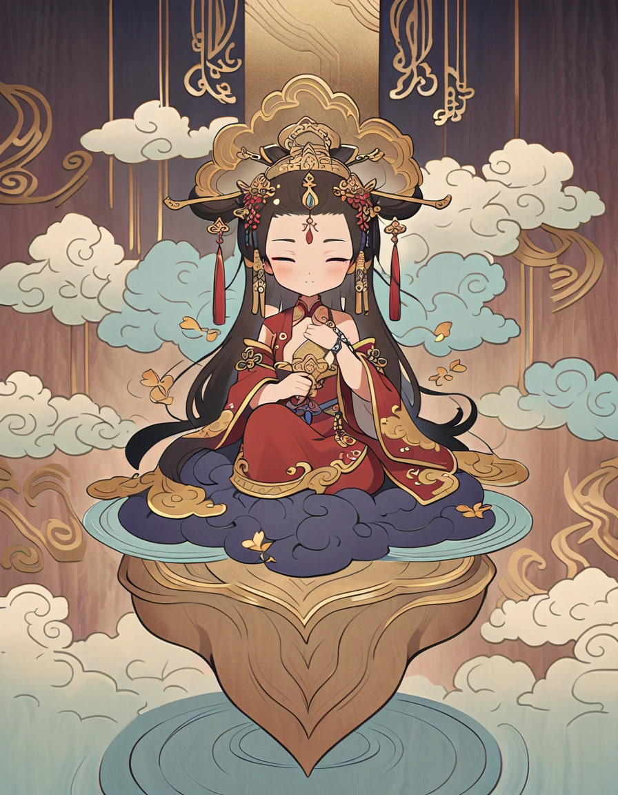 Dunhuang art style illustration,Tiny little monk sitting on the giant hand of Guanyin,Nestled in the rolling ripples,extremely delicate brushstrokes, Soft and smooth,Chinese Red and Indigo,The background is covered with auspicious cloud patterns painted with gold foil ，Negi 
