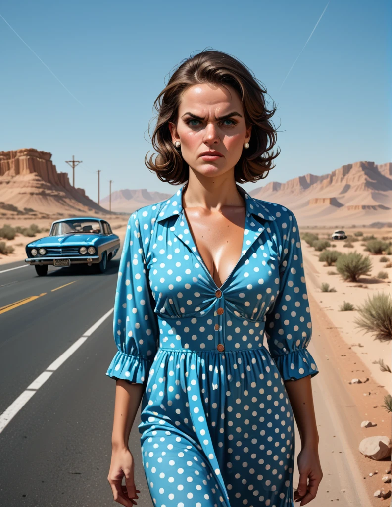 1950s style, angry [woman:Maude Adams:0.1] in a polka dot dress, leaving her broke down and steam comes out of her Hudson Hornet classic car, walking towards camera, fists clenched, empty highway in the desert, perfect face, ultra sharp focus, high quality, ultra high resolution, cinematic, masterpiece, Annie Leibovitz Photography Style