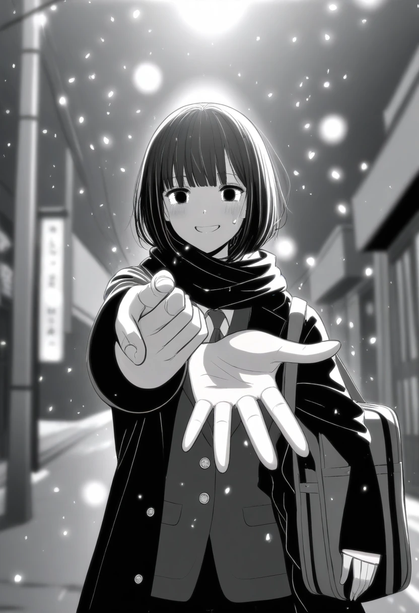 masterpiece, best quality, 1girl, mamerakkkkko, grayscale, manga style, japanese, chi no wadachi, black eyes, street, iced, black hair, schoolbag, smile, lineart, black coat, black scarf, black pleated skirt, leggins, centered, 18 years old, tall, fair skinned, bokeh background, crying, tears, tears streaming, bob cut, light particles, centered, snowing, (((reaching out left hand to viewer, perfect hand, detailed hand:1.1)), emotional anime scene
