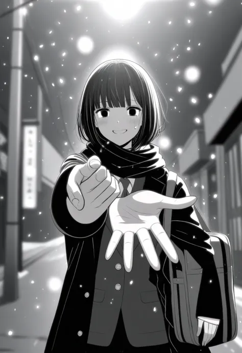 masterpiece, best quality, 1girl, mamerakkkkko, grayscale, manga style, japanese, chi no wadachi, black eyes, street, iced, blac...