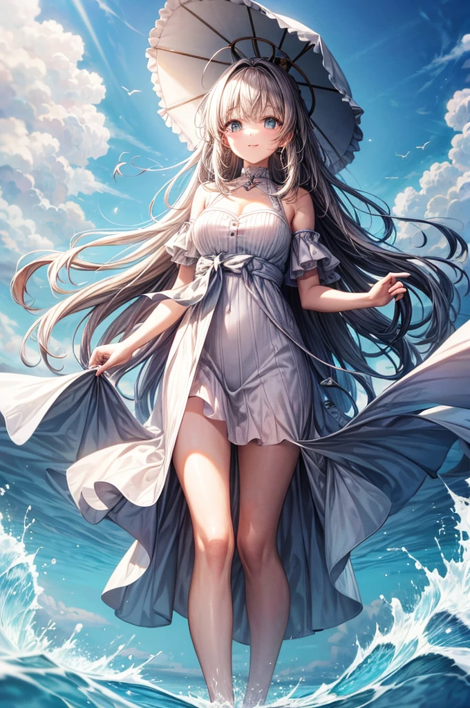 masterpiece, highres, beautiful landscape, high detailed, 1 girl, mid-ground character, beach, studio light, depth of field. The girl stands on the beach with her colorful umbrella, looks at viewer with a smile. She ưears a white beautiful dress, her hair blows in the wind. The landscape is peaceful and serene. Mildly clouds, floating clouds, light clouds, billowing clouds. The sunlight glistens on the surface of the sea. The waves of the sea gently lap against the shore, creating a serene and soothing sound.