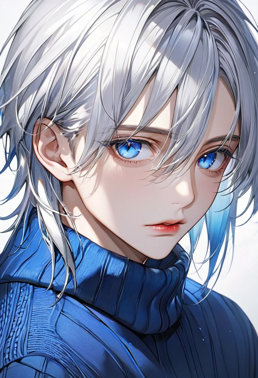 Boy, silver hair, blue eyes, serious sharp features, white skin, shiny lips, handsome, perfect, sweater
