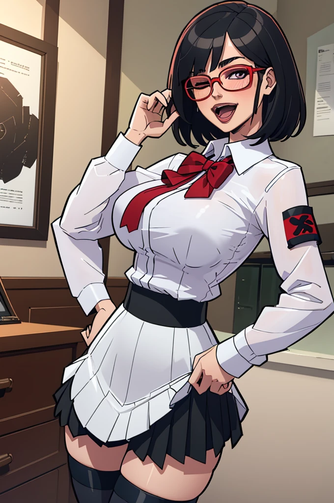 (masterpiece, best quality:1.2),  balsamique, 1girl, solo, thighhighs, skirt, breasts, armband, glasses, shirt, one eye closed, black thighhighs, pleated skirt, white shirt, hand on hip, red bow, black hair, bow, red bowtie, large breasts, blue skirt, bowtie, short hair, looking at viewer, semi-rimless eyewear, arm behind head, collared shirt, bed, smile, bangs, under-rim eyewear, , open mouth, long sleeves, blush, black-framed eyewear, indoors, miniskirt, purple eyes, NSFW,