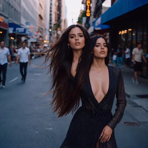 cinematic photo mid-shot portrait of a beautiful ((ohwx woman)) in her 20s , with long hair and huge_cleavage, candid street por...